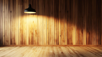 Wooden Wall And Floor With Hanging Pendant Light Casting A Warm Glow Creating A Cozy Rustic And Inviting Interior Ambiance.







