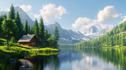 Serene mountain lake cabin in a sunlit landscape