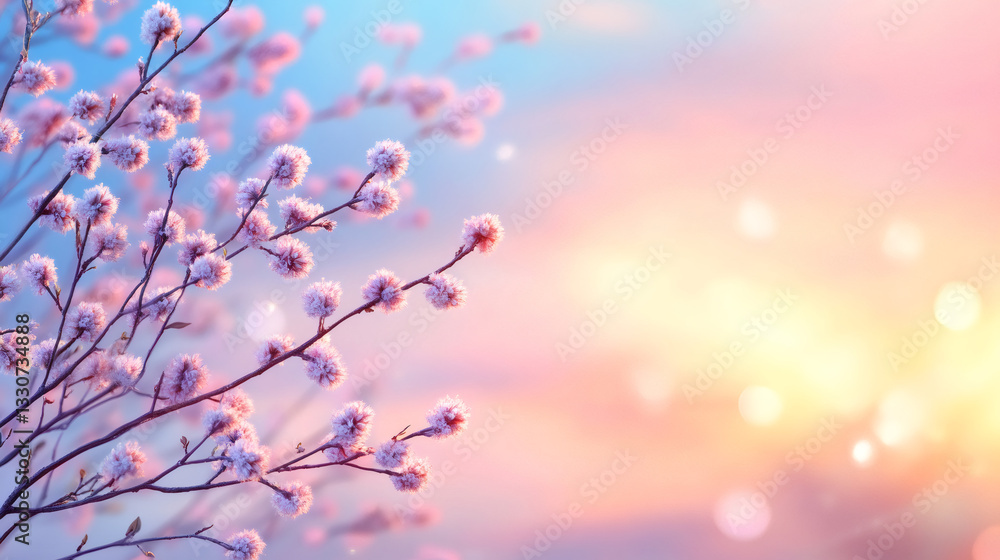 Aufkleber pink flowers blooming on tree branches at sunset, creating a beautiful and dreamy spring atmosphere 