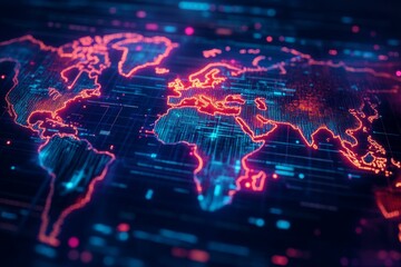 Fototapeta premium Futuristic digital world map with glowing neon lines, global data network visualization, modern technology background