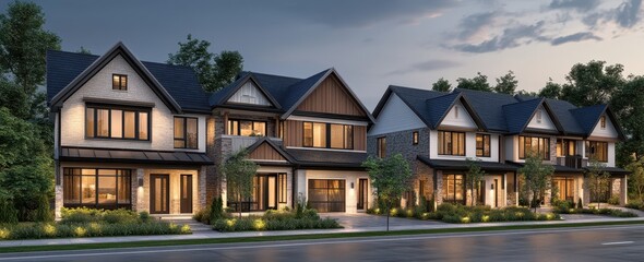 Modern residential houses featuring elegant architectural design with landscaped greenery and evening lighting in an upscale neighborhood setting