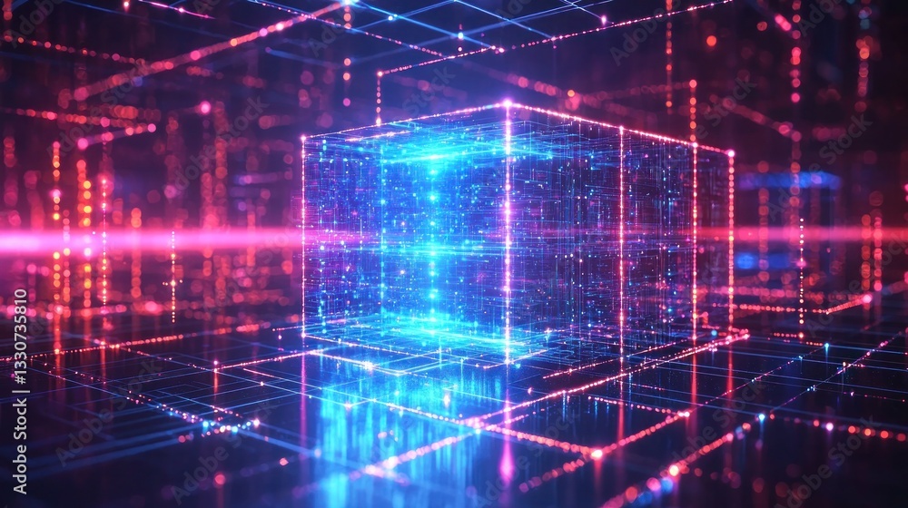 Poster abstract digital cube surrounded by glowing data streams and grids