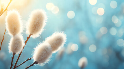 Close-up of pussy willow branches with fluffy buds blooming in early spring against a bright blue sky with bokeh effect
