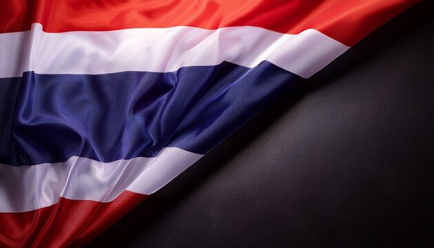 Contrast the Thailand flag's dark background. A vibrant depiction of the Thai flag draped elegantly against a dark background