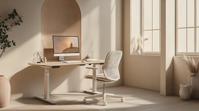 Ergonomic office setup with standing desk and chair for a modern home office design and productivity boost - Powered by Adobe