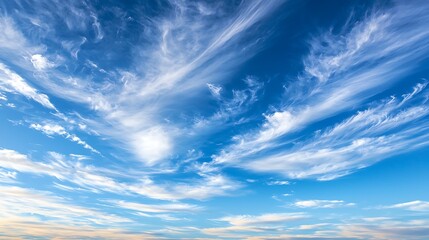 Majestic, wispy clouds against a vibrant blue sky.  Vast expanse of fluffy, ethereal cloudscapes with a deep azure backdrop.  Delicate formations of white clouds dancing across a clear cerulean sky