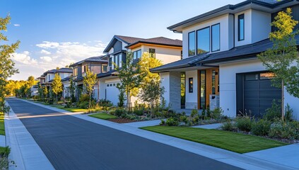 Modern Suburban Neighborhood with Contemporary Houses and Lush Green Lawns Under Clear Blue Sky During Golden Hour