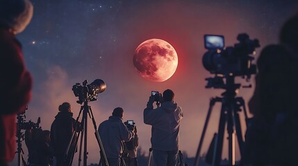 Photographers capturing blood moon eclipse with cameras and telescopes at night sky event viewing party