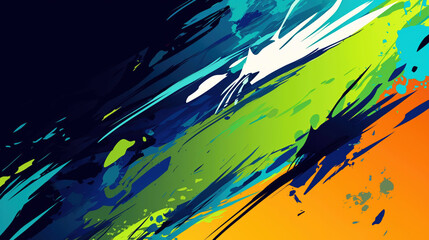 Abstract colorful paint splatter composition with vibrant blue, green, and orange strokes in digital art style