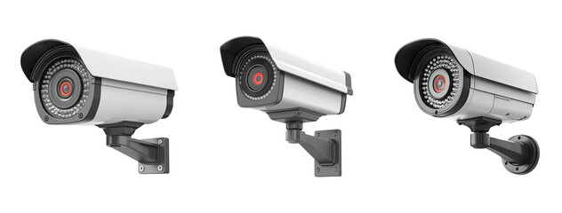 Three Modern Security Cameras with Mounting Brackets in Side View