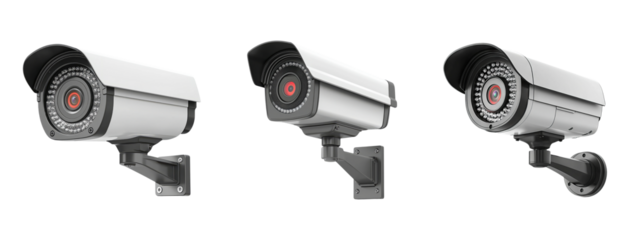 Three Modern Security Cameras with Mounting Brackets in Side View