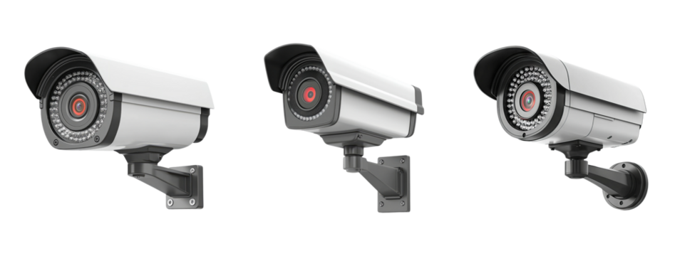 Three Modern Security Cameras with Mounting Brackets in Side View