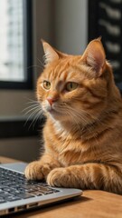 Intelligent Cat Working on Laptop
