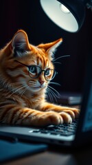 Intelligent Cat Working on Laptop