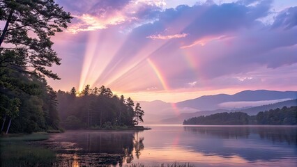 Close-up of a breathtaking sunrise over a calm lake with a rainbow