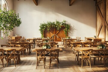 A Rustic Wooden Interior With Tables And Chairs Is Shown