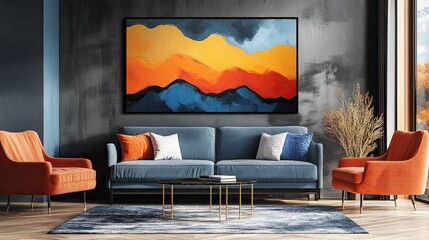 Abstract wall art with flowing colors in orange, blue, black, and red grainy patterns. 