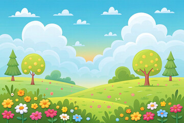 Fototapeta premium Springtime meadow landscape with colorful flowers and trees