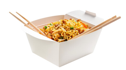 Wok noodles with vegetables and chicken meat in take away box on transparent background