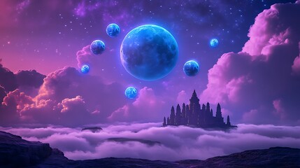 Fantasy landscape wallpaper with planets and castle in clouds purple aesthetic background image