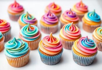 Miniature cupcakes, vibrant frosting swirls, white background, purple, vanilla