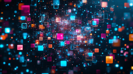 A vibrant digital abstract image featuring colorful squares and dots against a dark background, creating a sense of depth and movement.