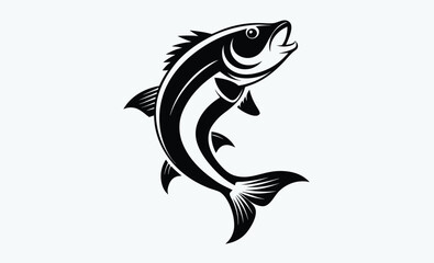 Jumping bass fish silhouette, fish silhouette vector art icon isolated on white, vector illustration 