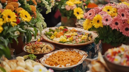 A Vibrant Culinary Display: Delectable Dishes Adorned with Blossoms