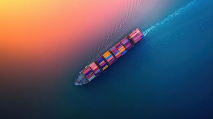 Container ship glides through open sea, bathed in sunset glow, embodying tranquility and vast horizons.