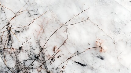 Dried branches and leaves rest on a snowy surface