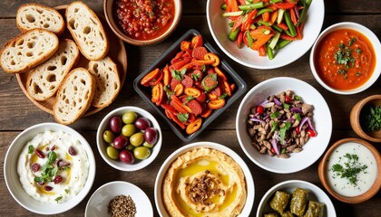 Mediterranean mezze platter with hummus, olives, fresh vegetables, pita bread, and assorted dips on a rustic wooden table, traditional Middle Eastern appetizer spread