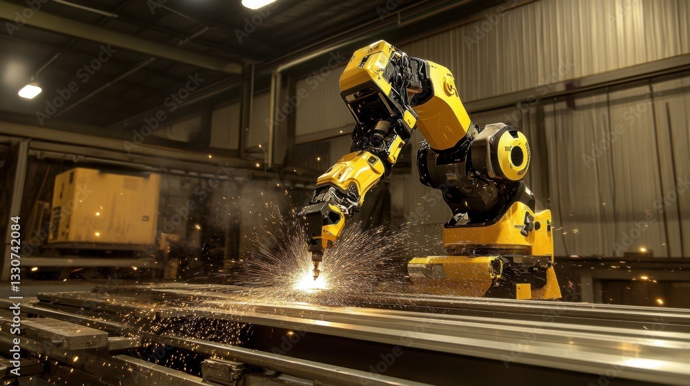 Poster ai-controlled industrial robots cutting and shaping metal with precision tools