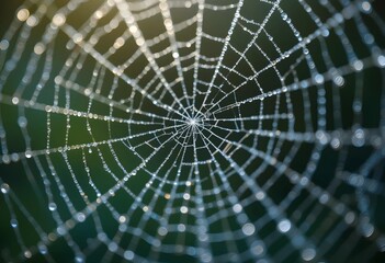 Close-up of a spiderweb covered in morning dew, with crystal-clear droplets suspended on silk strands. Light refracts through the droplets, creating a delicate, shimmering effect.