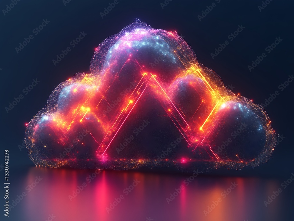 Poster a vibrant digital cloud structure displaying data and network connections