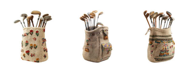 Vintage Knitted Golf Club Headcovers in Display with Golf Clubs