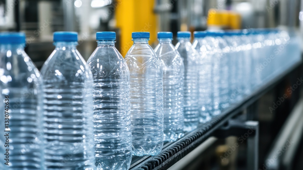 Poster automated factory production line making plastic bottles in high speed