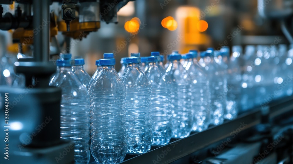 Poster automated factory production line making plastic bottles in high speed