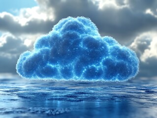 A luminous blue cloud floats above reflective water with cloudy skies