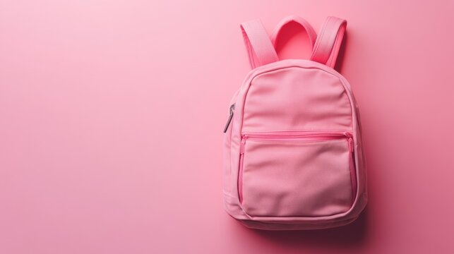 Pink school backpack on vibrant color background, top view – stylish and modern minimalist bag design for students, back-to-school concepts, education themes, and trendy accessories display