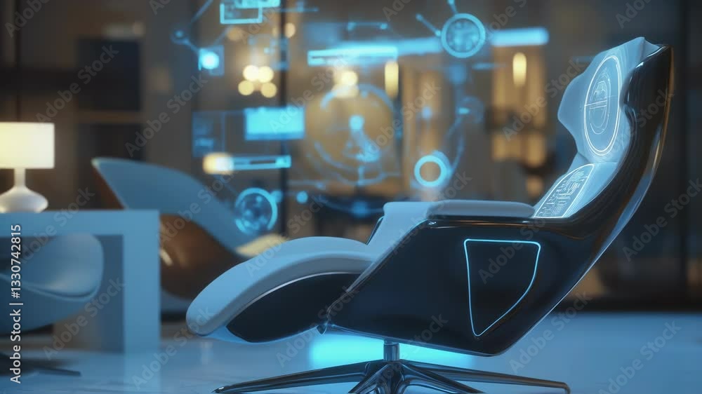 Poster advanced living room interior featuring sleek armchair with interactive holographic interface displa