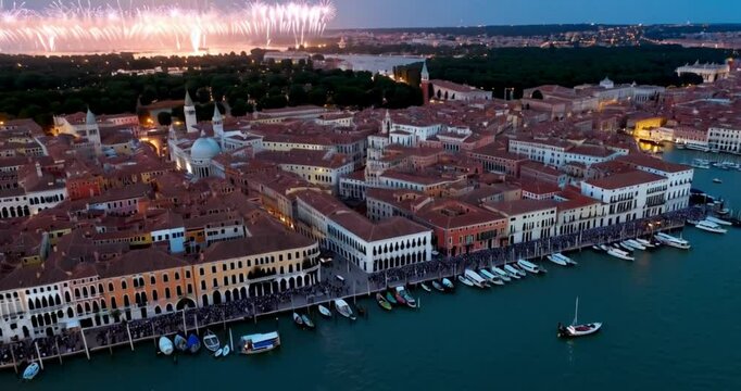 Aerial moving up and forwards in a traditional town of portcity city skyview HD 4K skyline with nature landscape view during festival with boats and fireworks in nightscape and boats in the water 