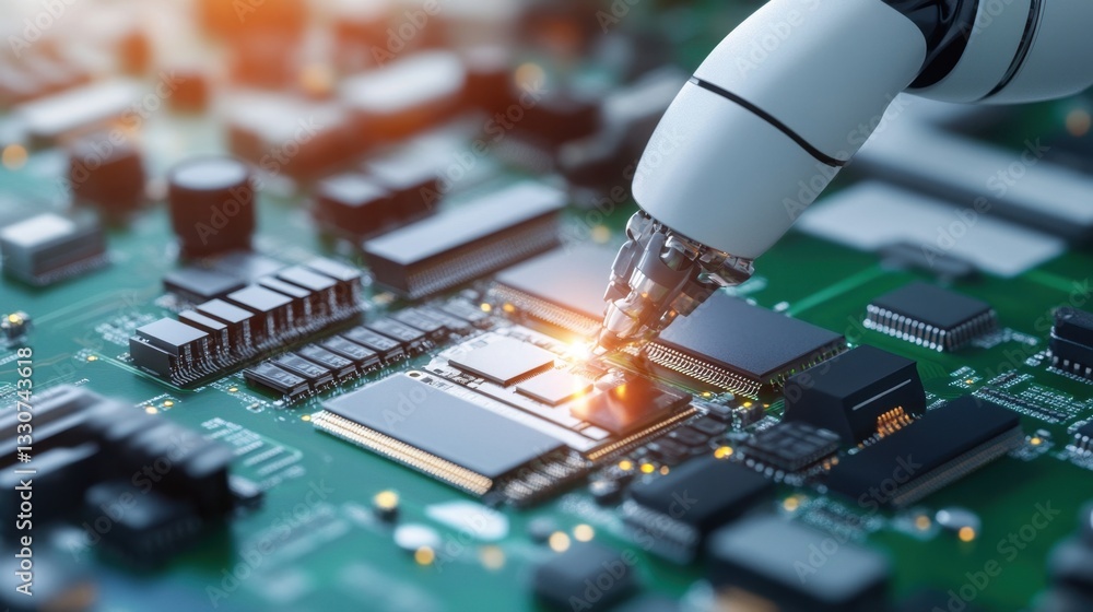 Poster a high-tech robotic arm assembling electronic circuit boards in a modern factory