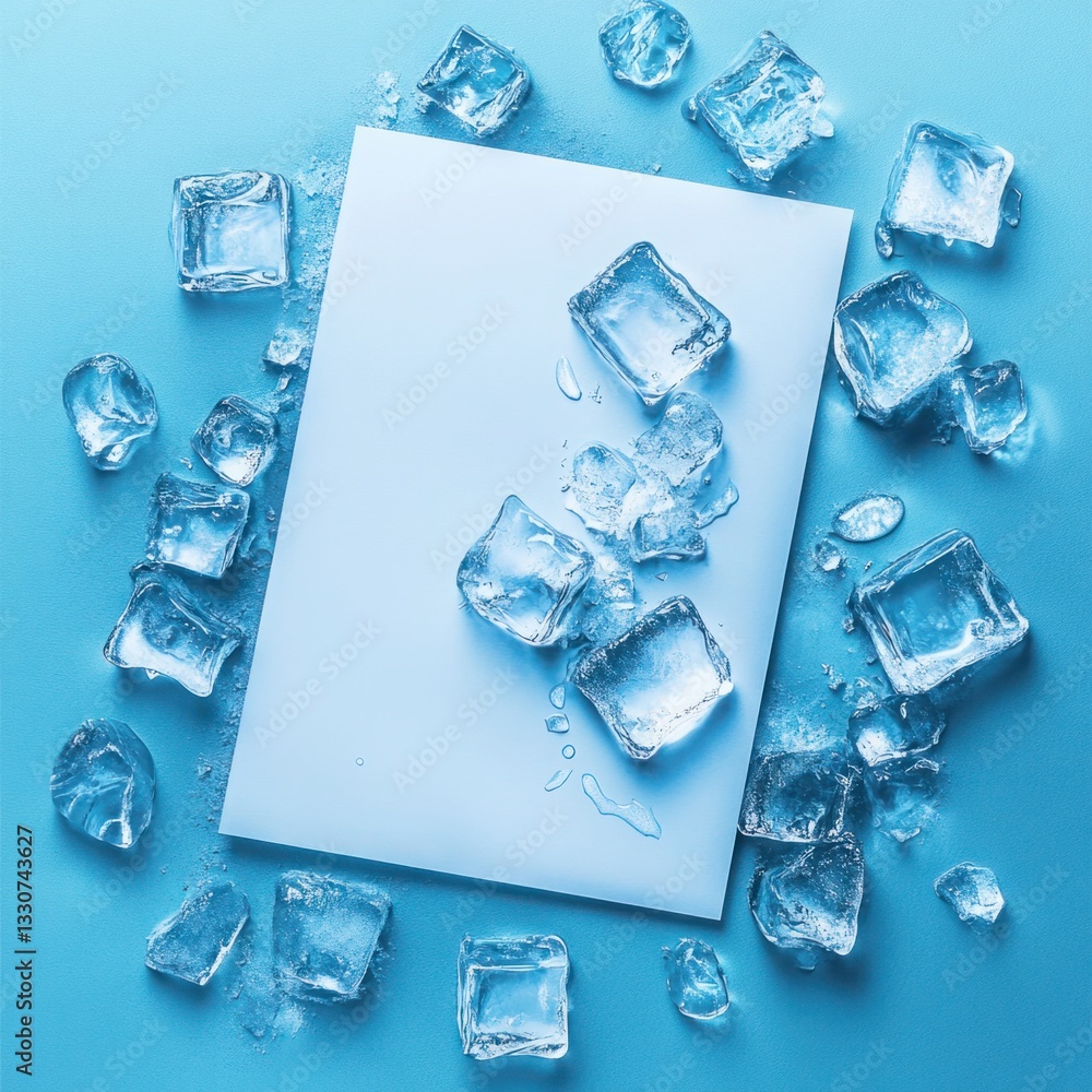 Poster clear ice cubes scattered on a blue background with water droplets, creating a refreshing and cool a