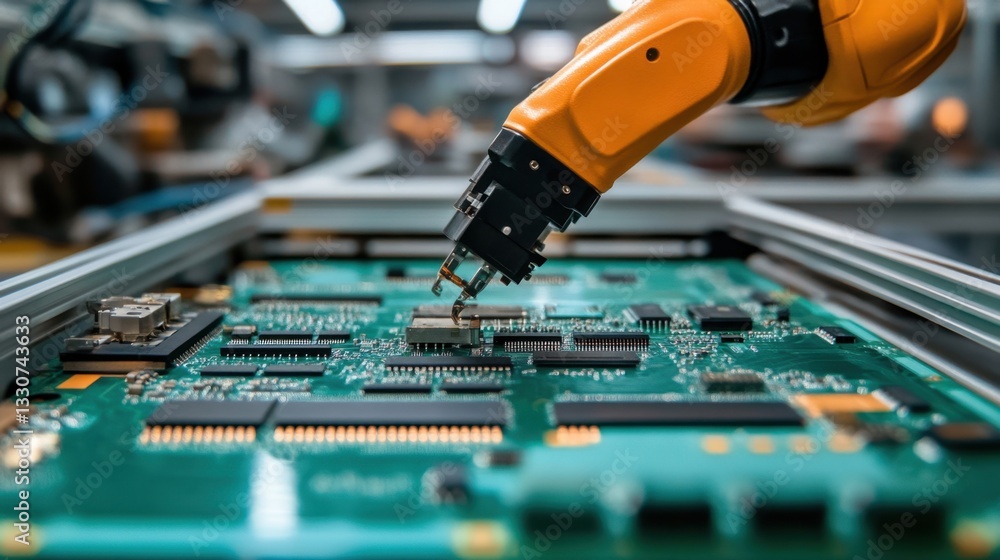 Poster a high-tech robotic arm assembling electronic circuit boards in a modern factory