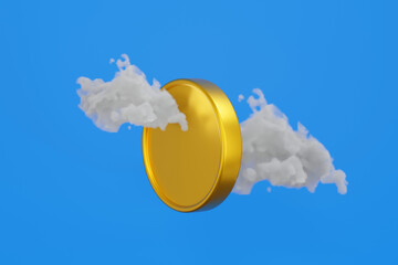 Big gold coin spin around the cloud, concept of money freedom, 3D rendering