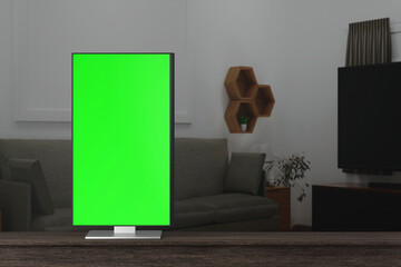 Laptop open to show green screen close up display in living room, 3D rendering