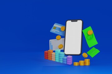 Mobile phone with credit card or ATM card and coin banknote, online shopping payment, 3D rendering.