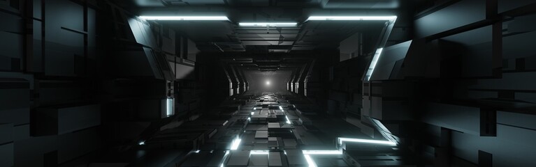 Sci-fi tunnel with glowing neon light, graphic for technology concept, 3D rendering.