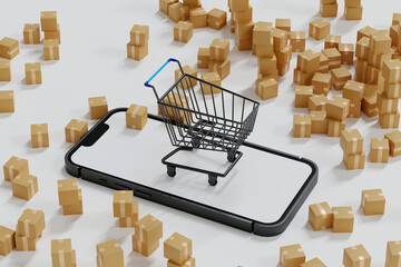 Parcel drop in supermarket cart on mobile phone and go ahead, online shopping, 3D rendering.