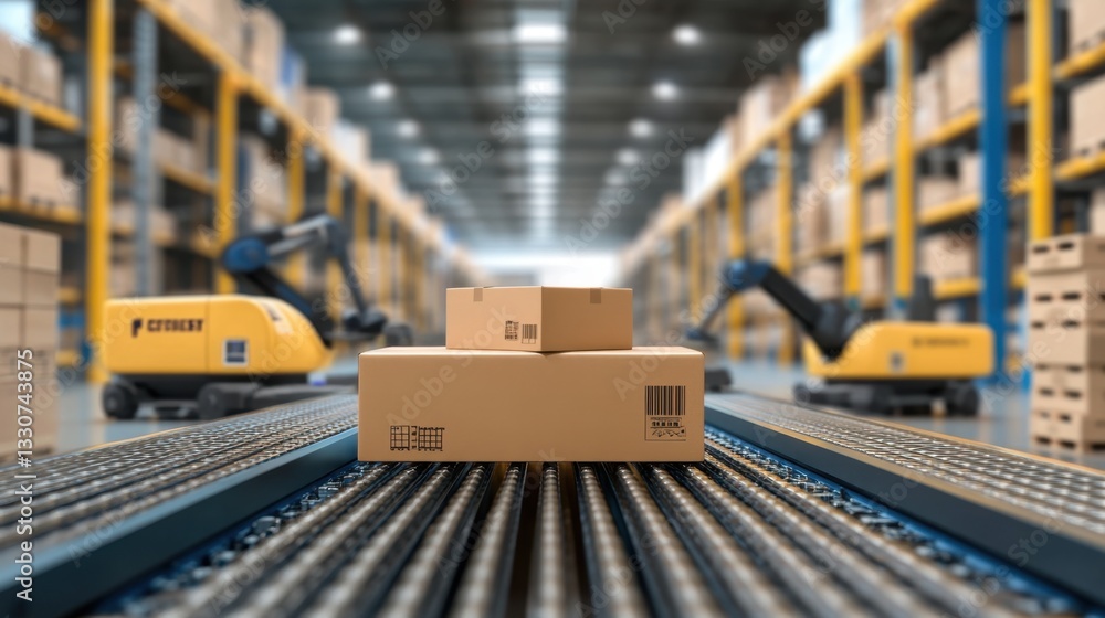 Aufkleber a smart factory with self-moving robots transporting materials on conveyor belts